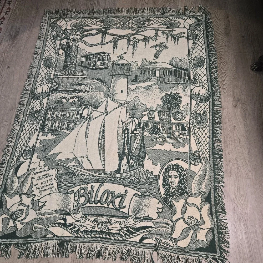 vtg Biloxi Mississippi woven Souvenir Throw Blanket Tapestry 46x60